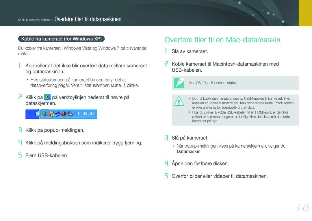 Samsung EV-NX20ZZBSBDK, EV-NX20ZZBZBDK manual 145, Overføre ﬁler til en Mac-datamaskin, Koble fra kameraet for Windows XP 