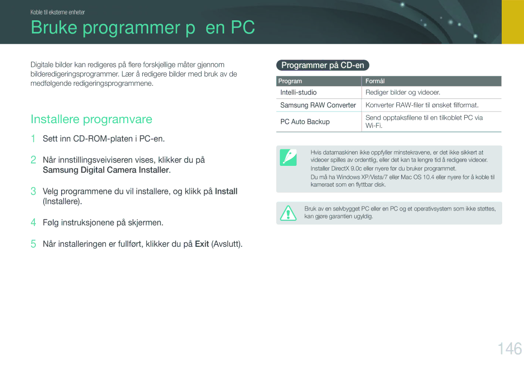 Samsung EV-NX20ZZBZBSE, EV-NX20ZZBZBDK manual Bruke programmer på en PC, 146, Installere programvare, Programmer på CD-en 