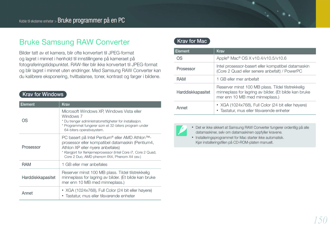 Samsung EV-NX20ZZBZBSE, EV-NX20ZZBZBDK, EV-NX20ZZBSBSE 150, Bruke Samsung RAW Converter, Krav for Windows, Krav for Mac 