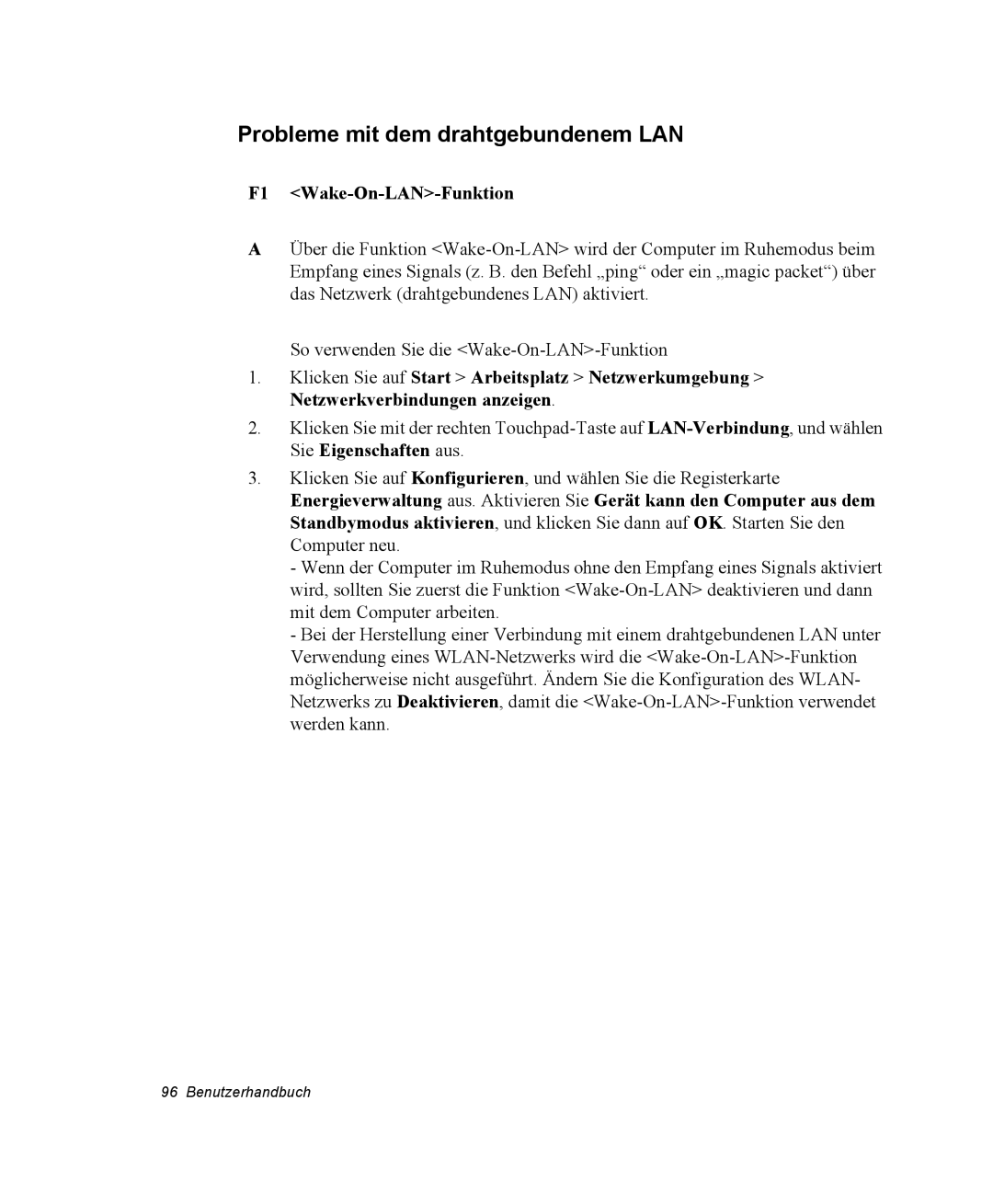 Samsung EV-NX20ZZBZBDE, EV-NX20ZZBZBNL, EV-NX20ZZBSBDE manual Probleme mit dem drahtgebundenem LAN, F1 Wake-On-LAN-Funktion 