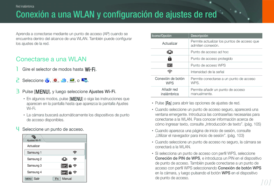 Samsung EV-NX210ZBSBES, EV-NX210ZBSTIL Conexión a una Wlan y conﬁguración de ajustes de red, 101, Conectarse a una Wlan 