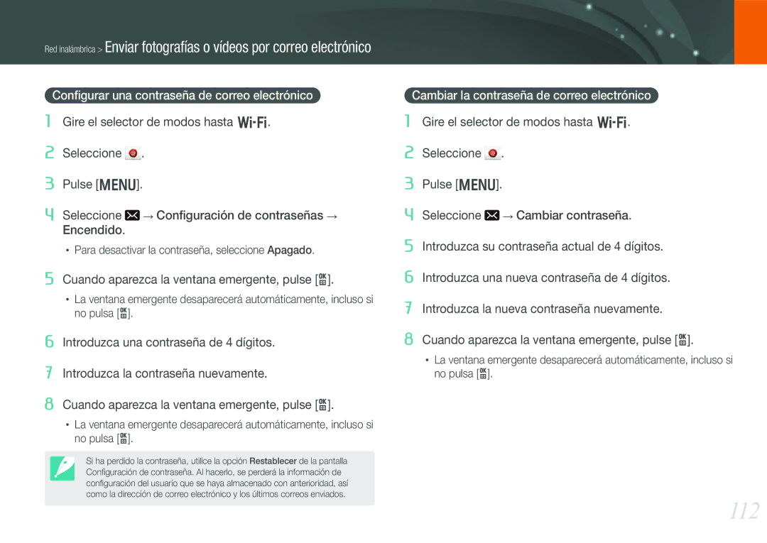 Samsung EV-NX210ZBSTIL, EV-NX210ZBSBES manual 112, Cambiar la contraseña de correo electrónico 