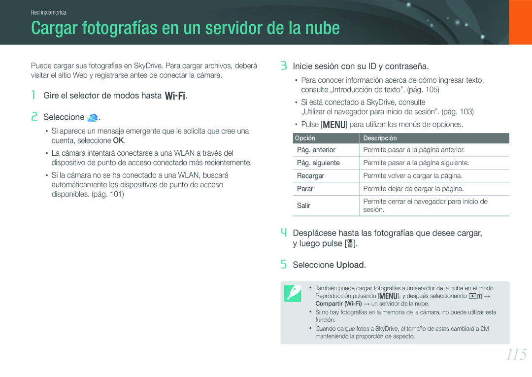 Samsung EV-NX210ZBSBES, EV-NX210ZBSTIL manual Cargar fotografías en un servidor de la nube, 115 