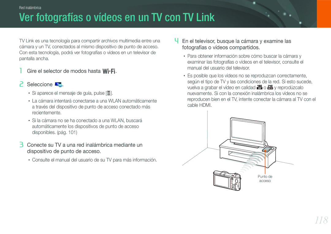 Samsung EV-NX210ZBSTIL, EV-NX210ZBSBES manual Ver fotografías o vídeos en un TV con TV Link, 118, Cable Hdmi 