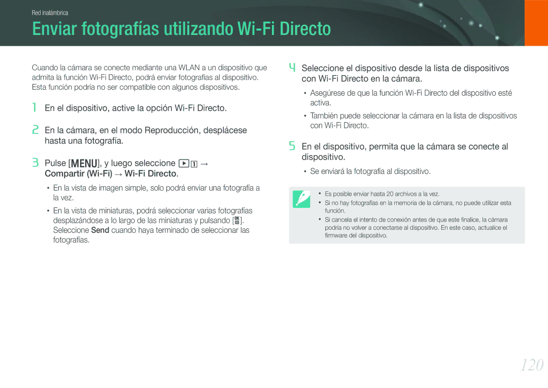 Samsung EV-NX210ZBSTIL, EV-NX210ZBSBES manual Enviar fotografías utilizando Wi-Fi Directo, 120 