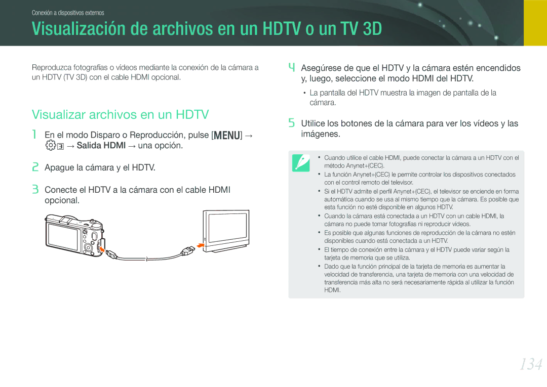 Samsung EV-NX210ZBSTIL manual Visualización de archivos en un Hdtv o un TV 3D, 134, Visualizar archivos en un Hdtv 