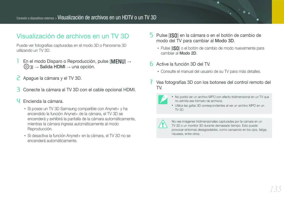 Samsung EV-NX210ZBSBES, EV-NX210ZBSTIL manual 135, Visualización de archivos en un TV 3D 