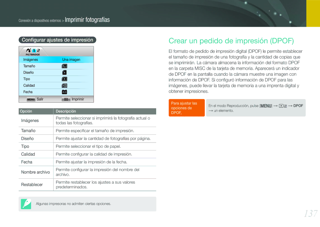 Samsung EV-NX210ZBSBES manual 137, Crear un pedido de impresión Dpof, Conﬁgurar ajustes de impresión, Todas las fotografías 