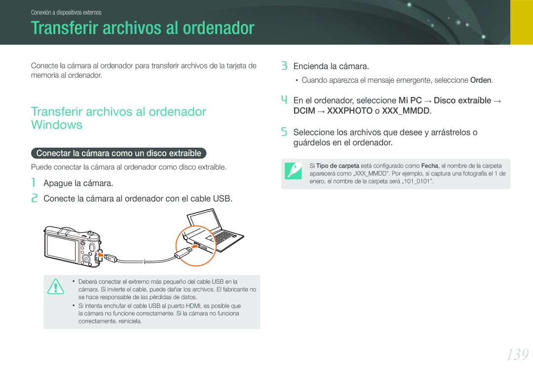 Samsung EV-NX210ZBSBES manual 139, Transferir archivos al ordenador Windows, Conectar la cámara como un disco extraíble 