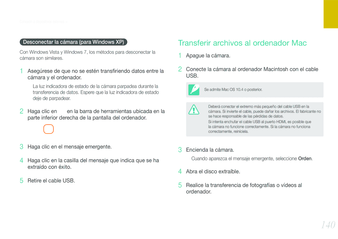 Samsung EV-NX210ZBSTIL, EV-NX210ZBSBES 140, Transferir archivos al ordenador Mac, Desconectar la cámara para Windows XP 