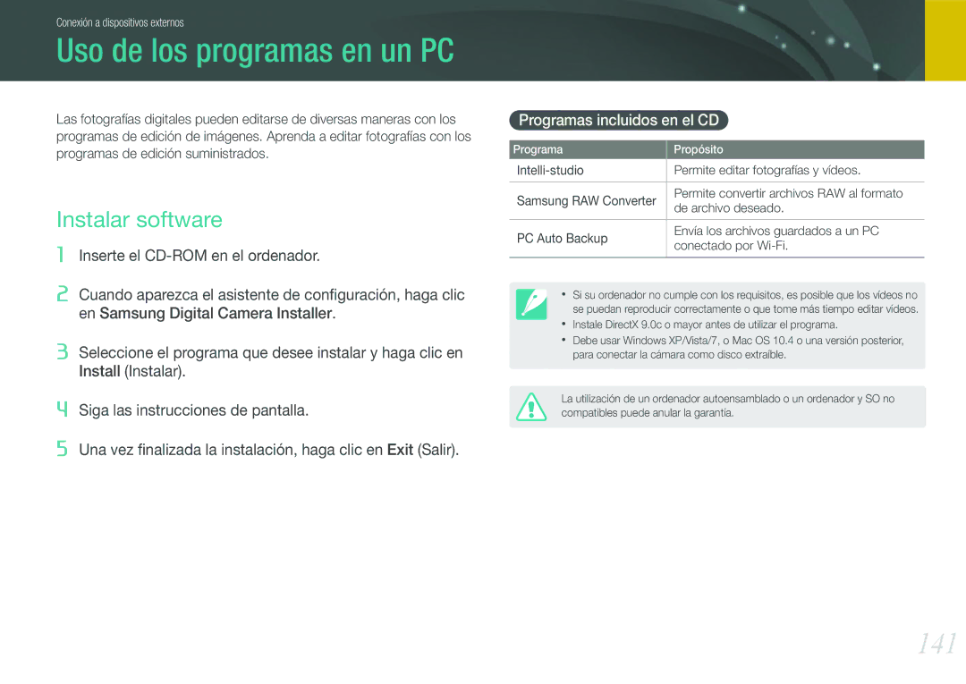 Samsung EV-NX210ZBSBES, EV-NX210ZBSTIL manual 141, Instalar software, Programas incluidos en el CD 