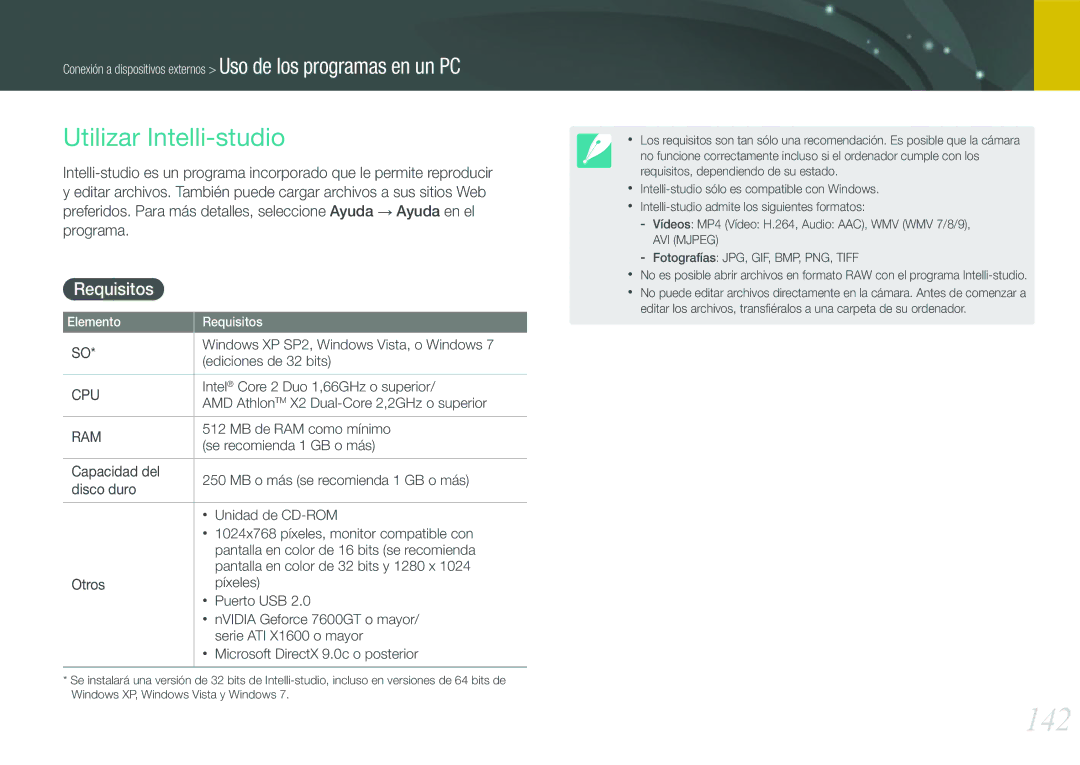 Samsung EV-NX210ZBSTIL, EV-NX210ZBSBES manual 142, Utilizar Intelli-studio, Requisitos 