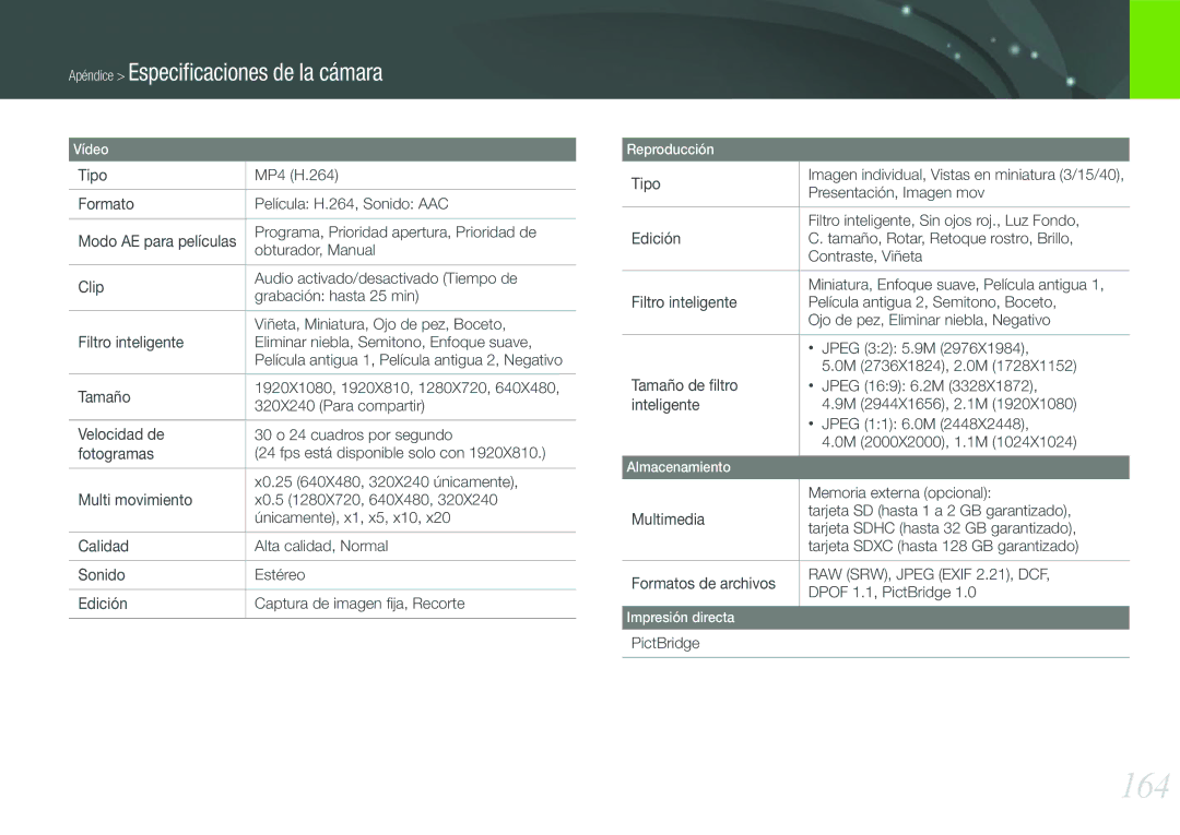 Samsung EV-NX210ZBSTIL, EV-NX210ZBSBES manual 164, Presentación, Imagen mov, Memoria externa opcional, Dpof 1.1, PictBridge 