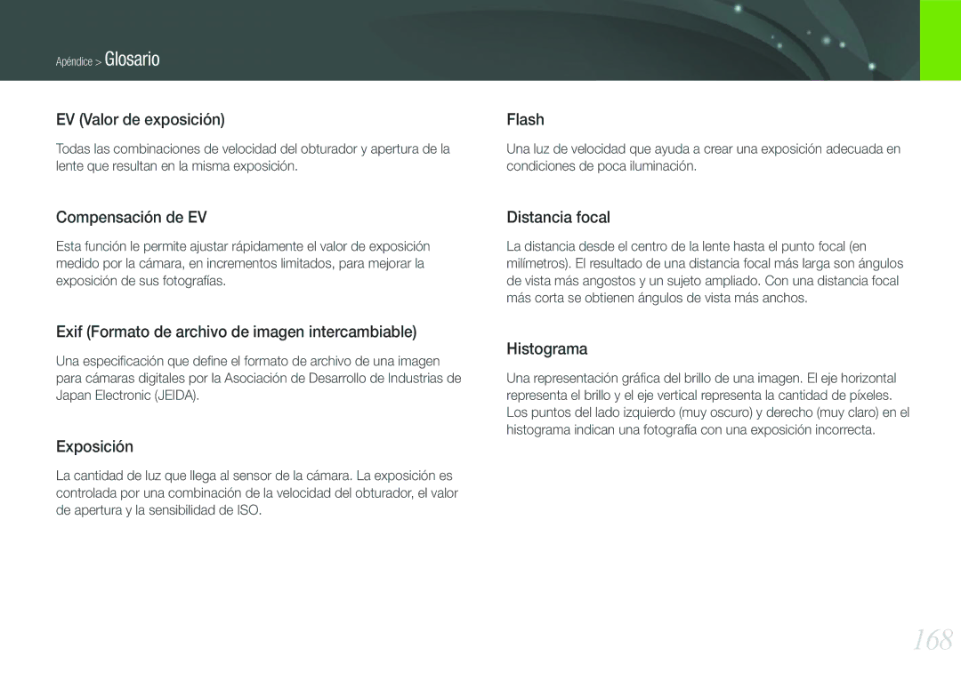 Samsung EV-NX210ZBSTIL, EV-NX210ZBSBES manual 168, EV Valor de exposición 