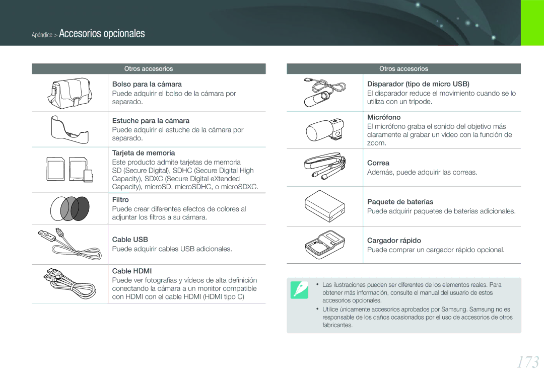 Samsung EV-NX210ZBSBES, EV-NX210ZBSTIL manual 173, Apéndice Accesorios opcionales 