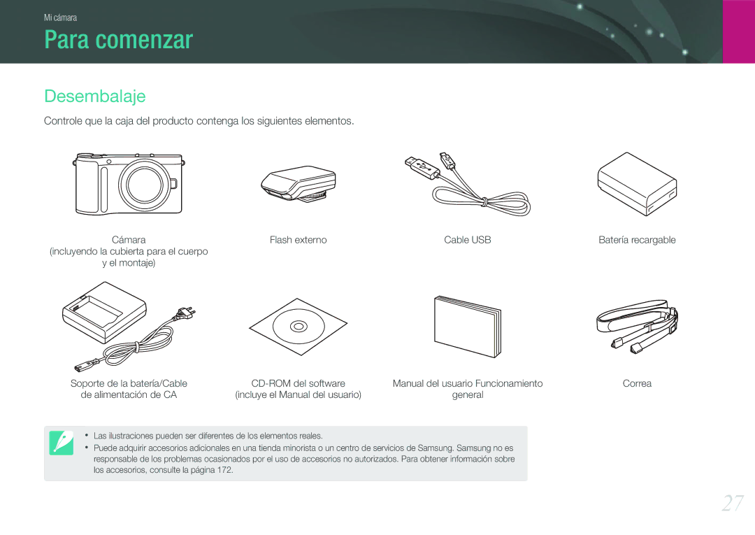 Samsung EV-NX210ZBSBES, EV-NX210ZBSTIL manual Para comenzar, Desembalaje, Flash externo, Batería recargable Correa 