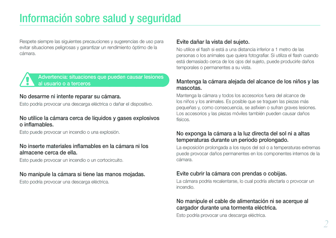 Samsung EV-NX210ZBSTIL, EV-NX210ZBSBES manual Información sobre salud y seguridad 