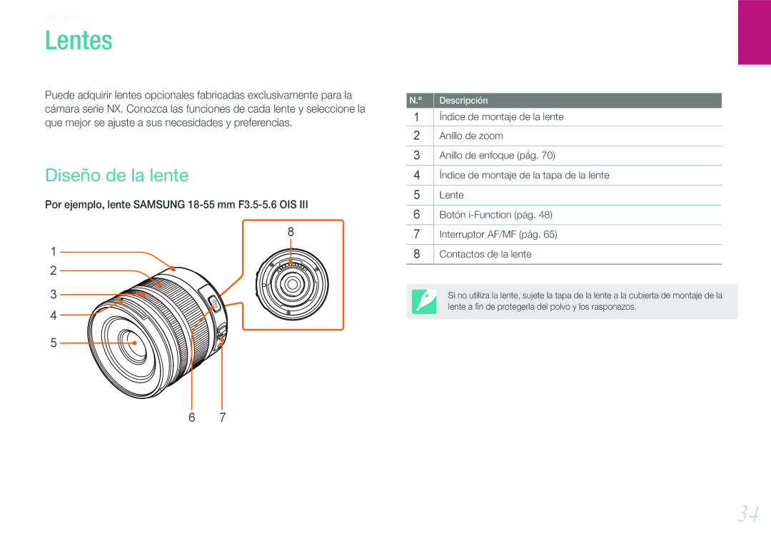 Samsung EV-NX210ZBSTIL, EV-NX210ZBSBES manual Lentes, Diseño de la lente 