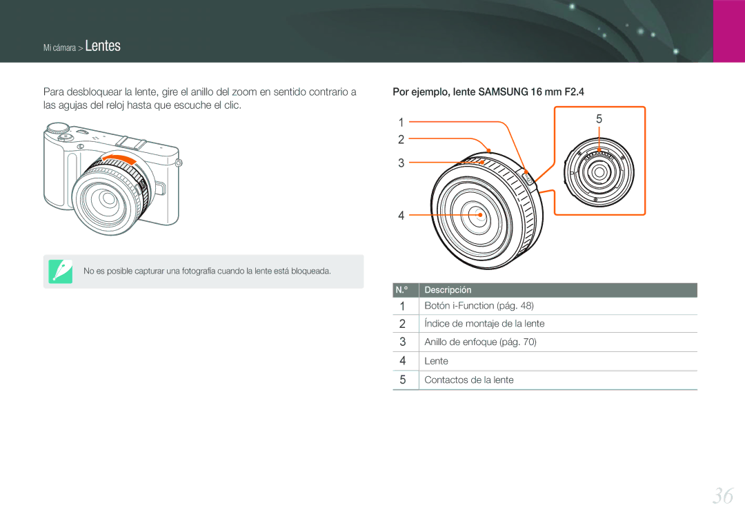 Samsung EV-NX210ZBSTIL, EV-NX210ZBSBES manual Por ejemplo, lente Samsung 16 mm F2.4 