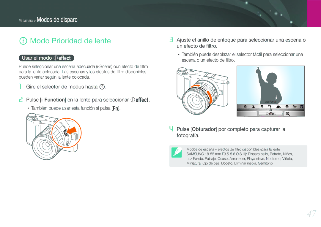 Samsung EV-NX210ZBSBES, EV-NX210ZBSTIL manual Modo Prioridad de lente, Usar el modo E 