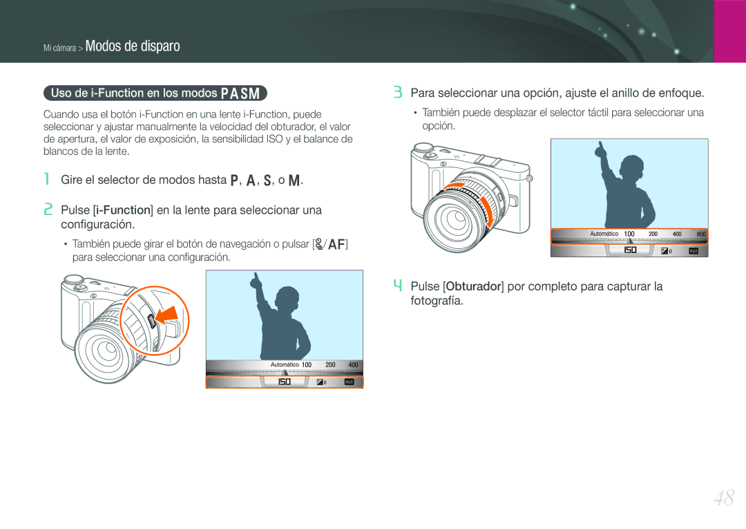 Samsung EV-NX210ZBSTIL, EV-NX210ZBSBES manual Uso de i-Function en los modos Pasm 