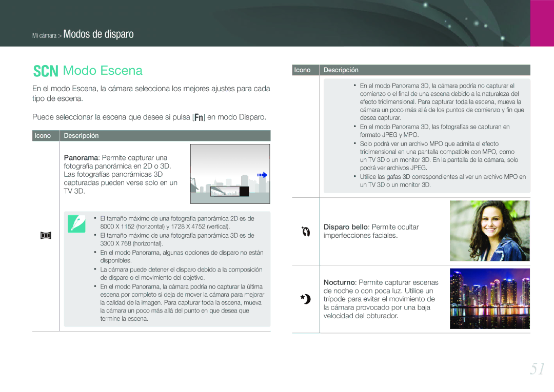 Samsung EV-NX210ZBSBES, EV-NX210ZBSTIL manual Modo Escena, Disparo bello Permite ocultar imperfecciones faciales 