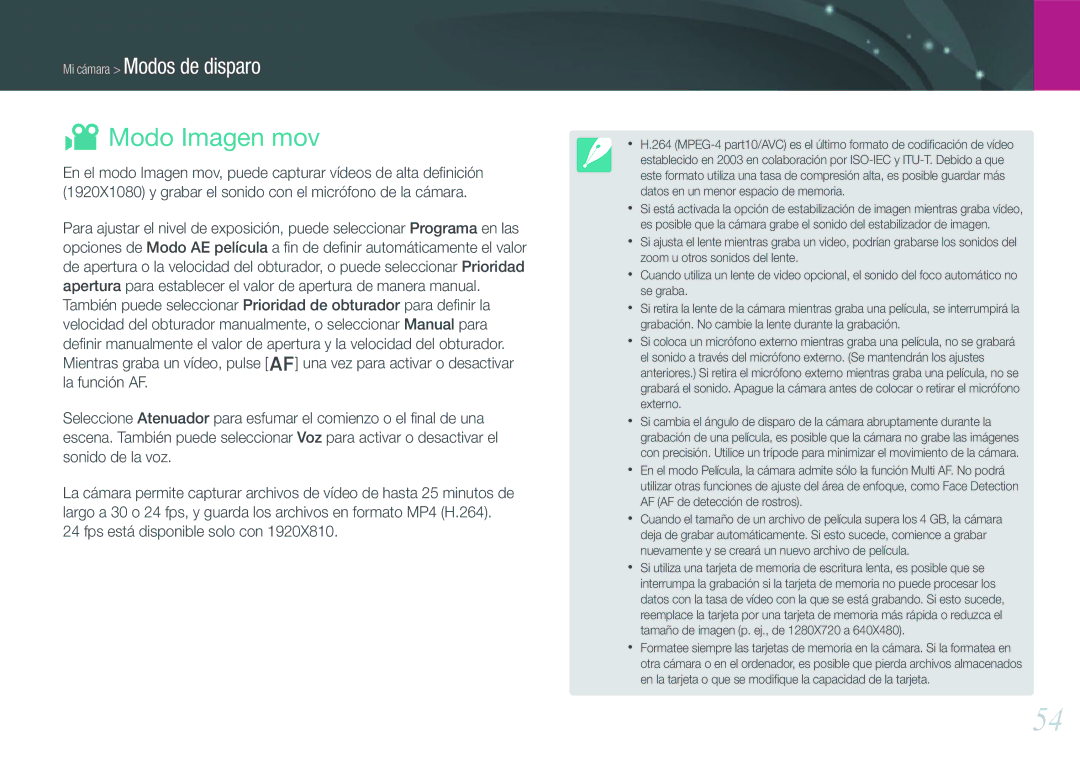 Samsung EV-NX210ZBSTIL, EV-NX210ZBSBES manual Modo Imagen mov, Fps está disponible solo con 