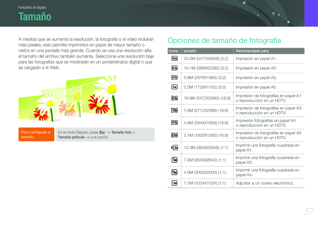 Samsung EV-NX210ZBSBES, EV-NX210ZBSTIL manual Tamaño, Opciones de tamaño de fotografía 