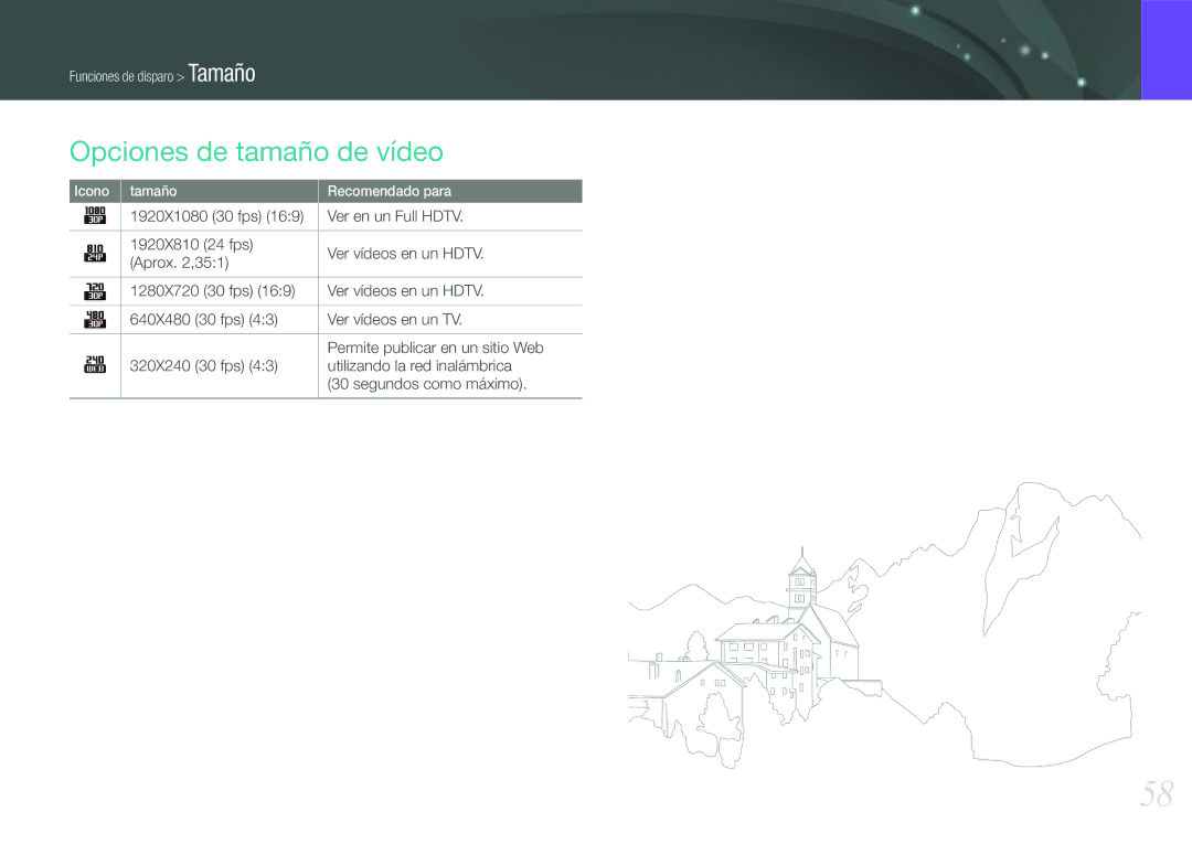 Samsung EV-NX210ZBSTIL, EV-NX210ZBSBES manual Opciones de tamaño de vídeo 