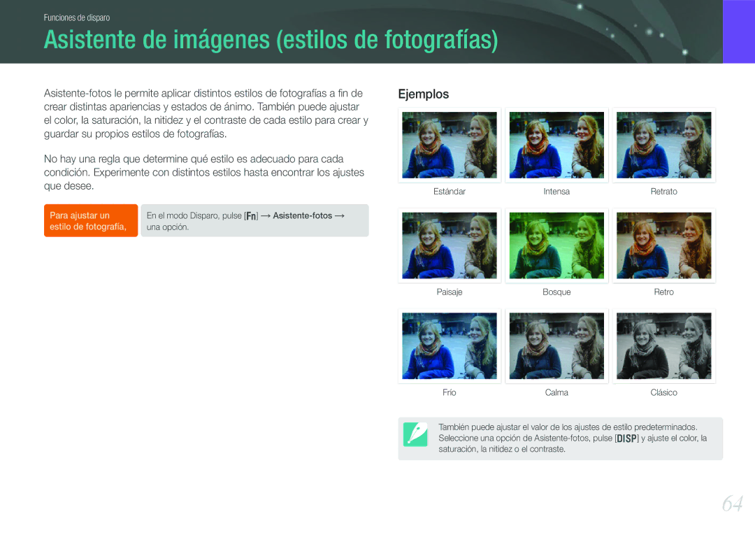 Samsung EV-NX210ZBSTIL, EV-NX210ZBSBES manual Asistente de imágenes estilos de fotografías 
