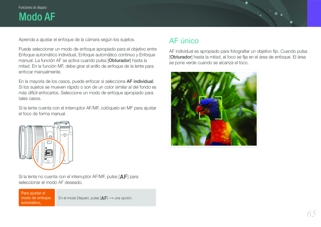 Samsung EV-NX210ZBSBES, EV-NX210ZBSTIL manual Modo AF, AF único 