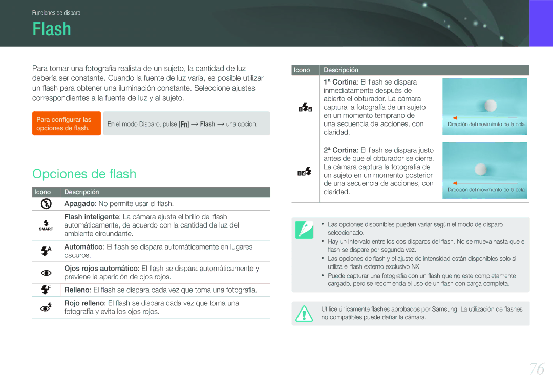 Samsung EV-NX210ZBSTIL, EV-NX210ZBSBES manual Flash, Opciones de ﬂash 
