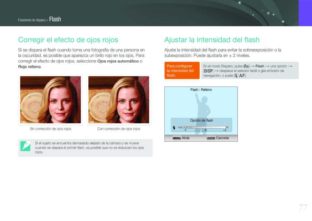 Samsung EV-NX210ZBSBES, EV-NX210ZBSTIL manual Corregir el efecto de ojos rojos, Ajustar la intensidad del ﬂash 