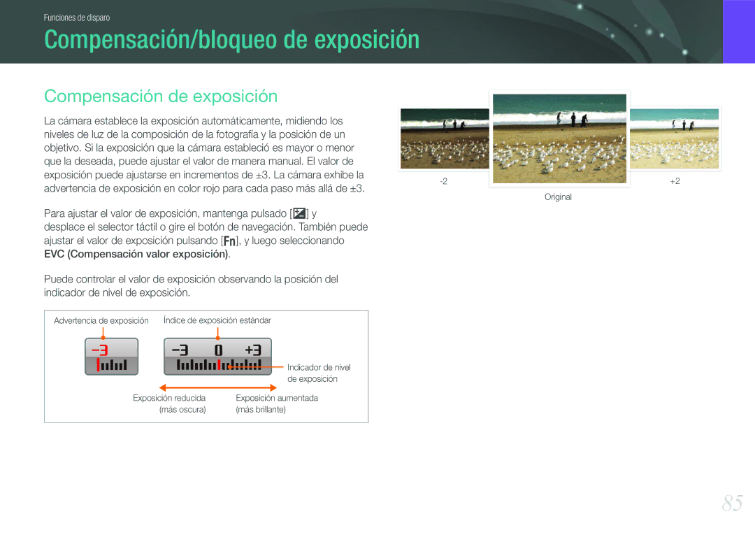 Samsung EV-NX210ZBSBES Compensación/bloqueo de exposición, Compensación de exposición, EVC Compensación valor exposición 