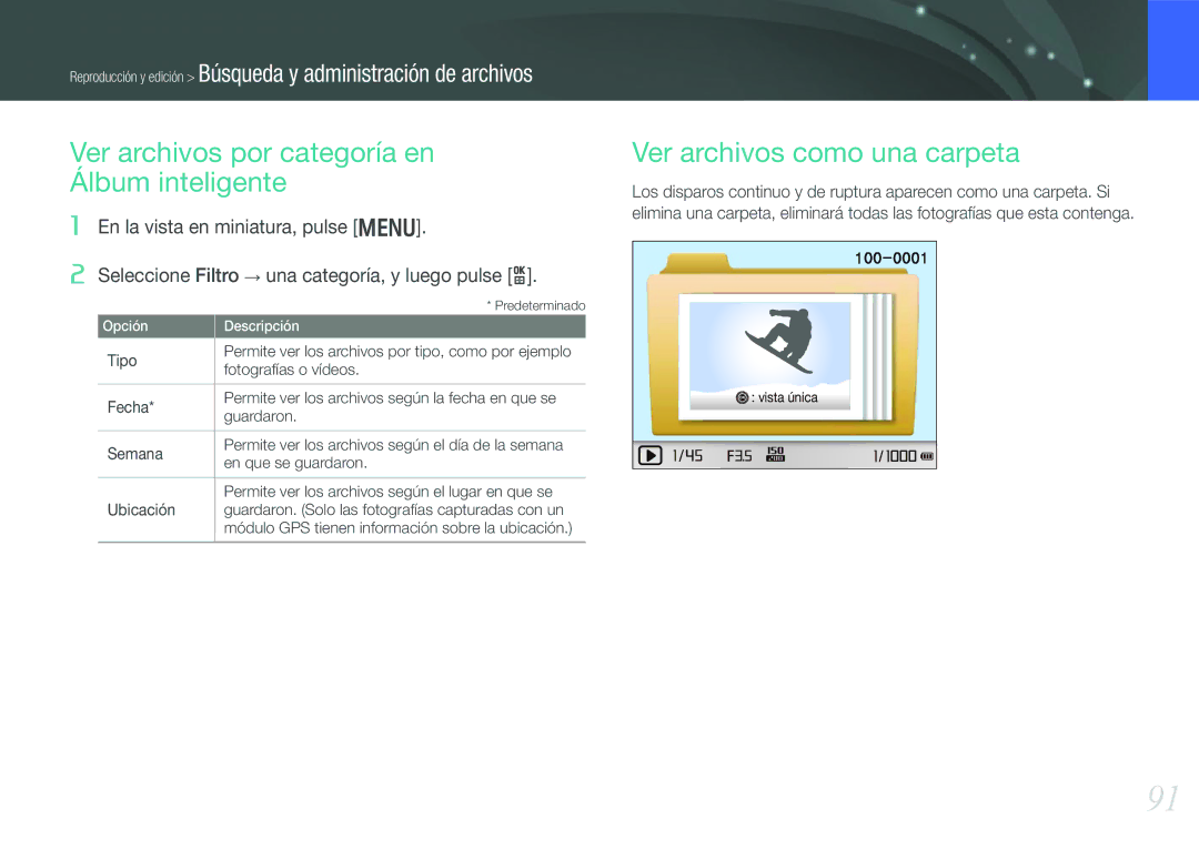 Samsung EV-NX210ZBSBES manual Ver archivos por categoría en Álbum inteligente, Ver archivos como una carpeta, Tipo 