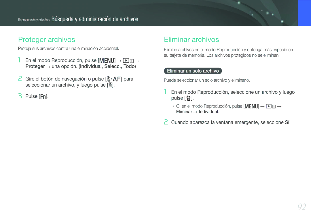 Samsung EV-NX210ZBSTIL, EV-NX210ZBSBES manual Proteger archivos, Eliminar archivos, Eliminar un solo archivo 