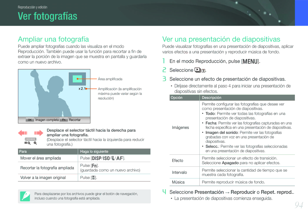 Samsung EV-NX210ZBSTIL, EV-NX210ZBSBES manual Ver fotografías, Ampliar una fotografía, Ver una presentación de diapositivas 