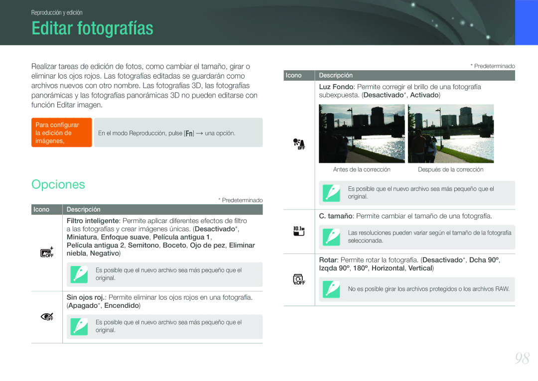 Samsung EV-NX210ZBSTIL, EV-NX210ZBSBES manual Editar fotografías, Opciones 