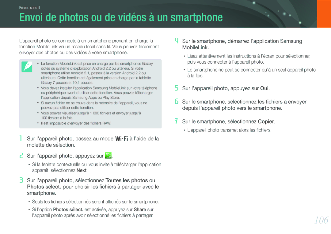 Samsung EV-NX210ZBSBFR manual Envoi de photos ou de vidéos à un smartphone, 106 