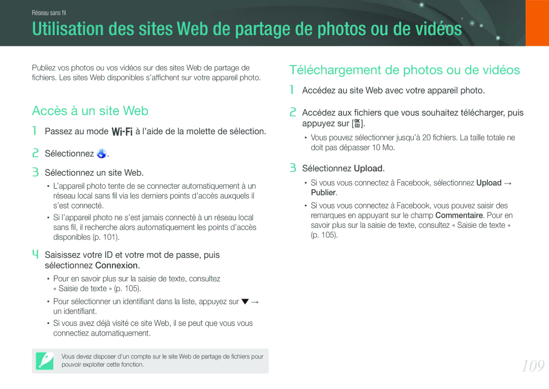 Samsung EV-NX210ZBSBFR manual Utilisation des sites Web de partage de photos ou de vidéos, 109 