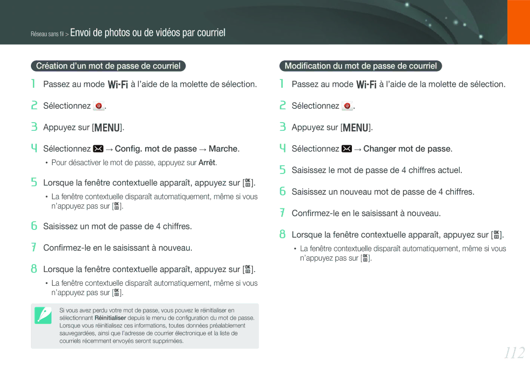 Samsung EV-NX210ZBSBFR manual 112, Création d’un mot de passe de courriel, Modiﬁcation du mot de passe de courriel 