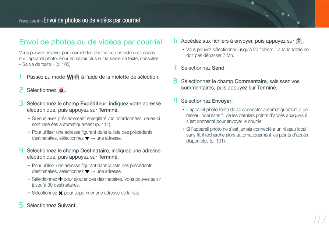 Samsung EV-NX210ZBSBFR manual 113, Envoi de photos ou de vidéos par courriel 