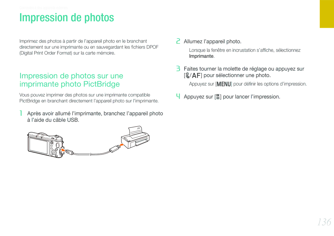 Samsung EV-NX210ZBSBFR manual 136, Impression de photos sur une imprimante photo PictBridge 