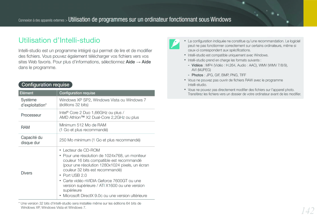 Samsung EV-NX210ZBSBFR manual 142, Utilisation d’Intelli-studio, Conﬁguration requise, Minimum 512 Mo de RAM 