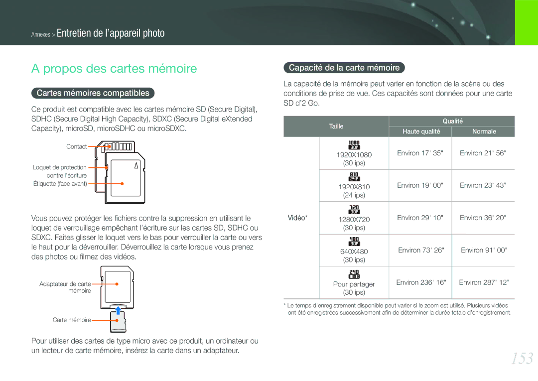 Samsung EV-NX210ZBSBFR manual 153, Propos des cartes mémoire, Cartes mémoires compatibles, Capacité de la carte mémoire 