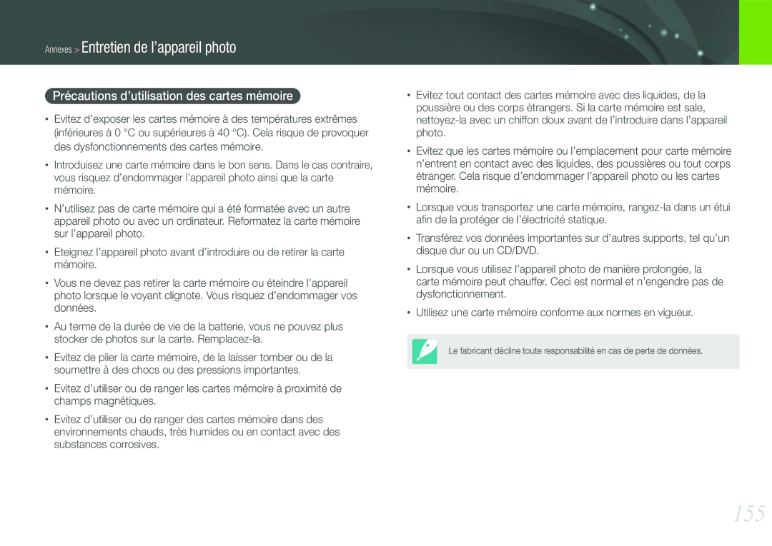 Samsung EV-NX210ZBSBFR manual 155, Précautions d’utilisation des cartes mémoire 