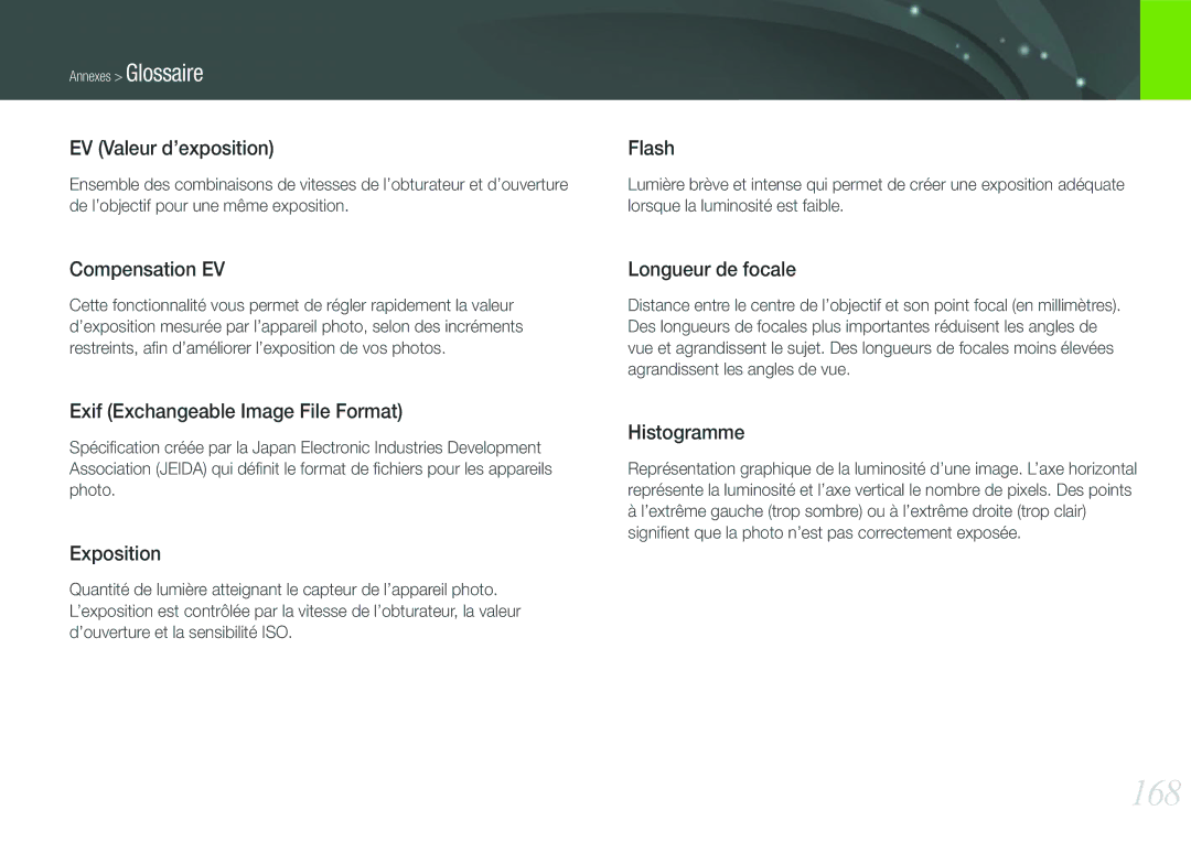 Samsung EV-NX210ZBSBFR manual 168, EV Valeur d’exposition 