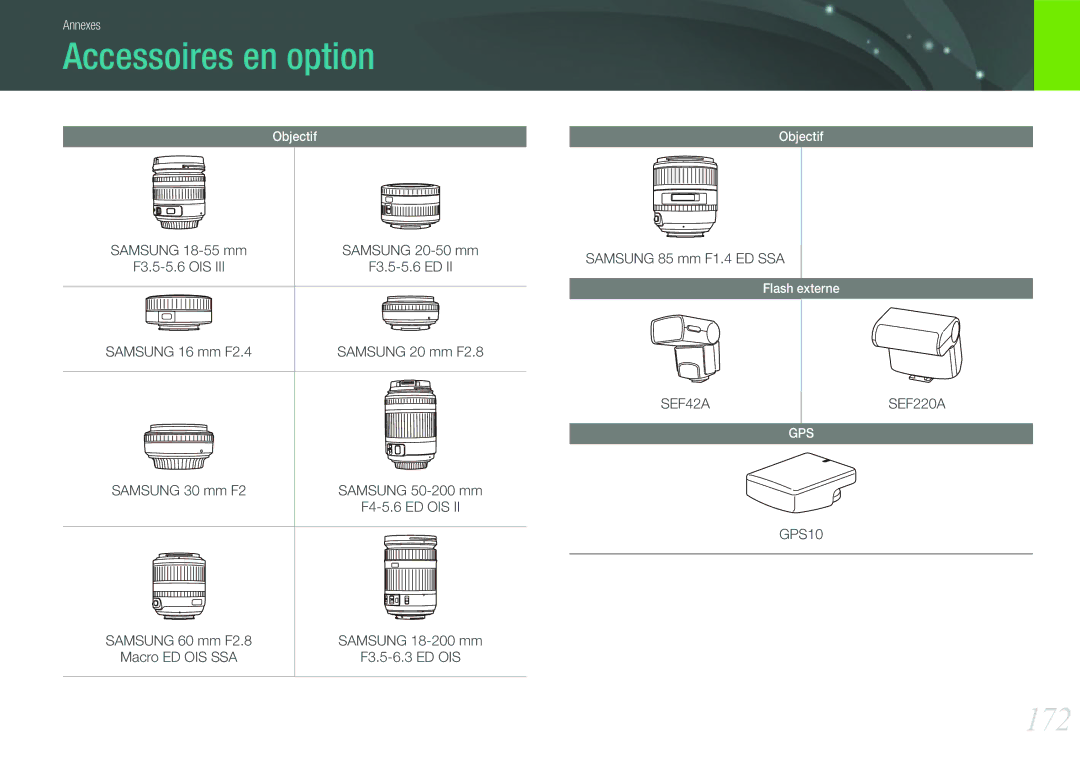 Samsung EV-NX210ZBSBFR manual Accessoires en option, 172, Samsung 16 mm F2.4, Samsung 30 mm F2, Samsung 85 mm F1.4 ED SSA 