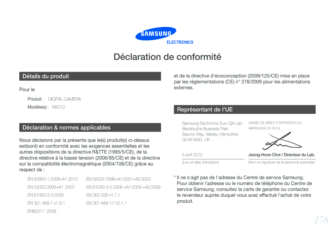 Samsung EV-NX210ZBSBFR manual 178, Déclaration de conformité 