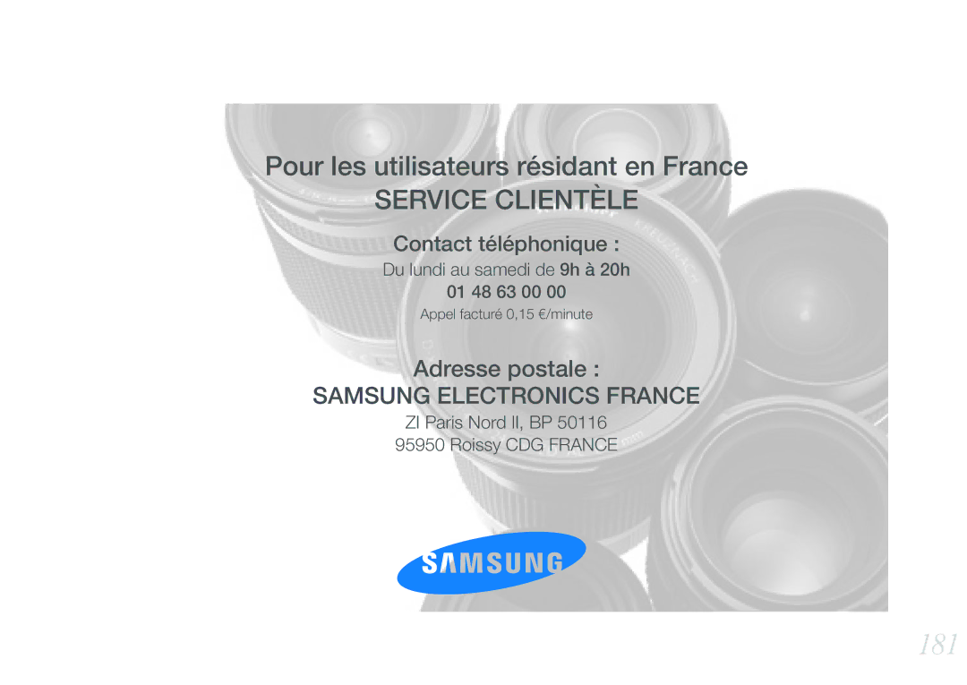 Samsung EV-NX210ZBSBFR manual 181, Service Clientèle 